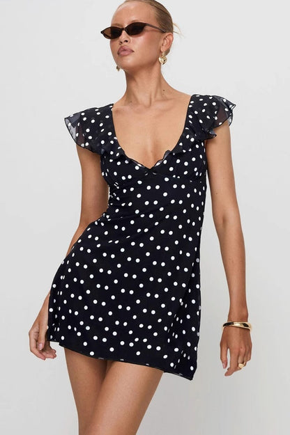 Polka Dot V Neck Ruffle Trim Flutter Sleeve Mini Dress