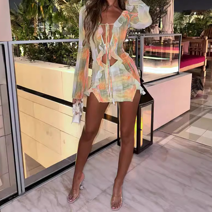 Long sleeve ruffle contrast slit mesh mini skirt set