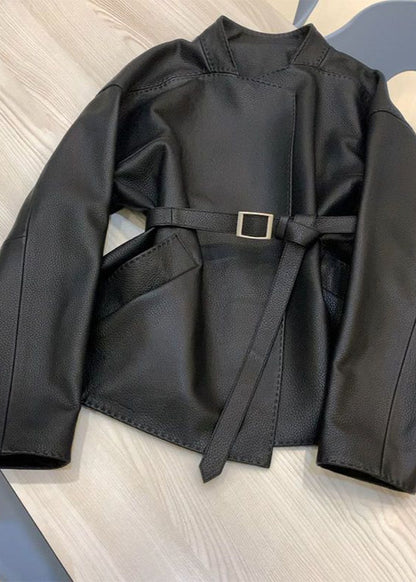 Raven Belted Faux Leather Jacket – Minimalist Wrap Design