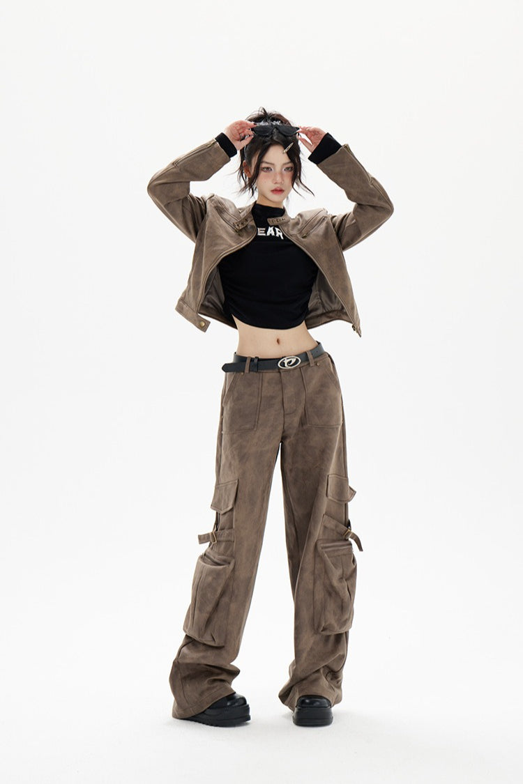 Cropped Biker Style Leather Jacket