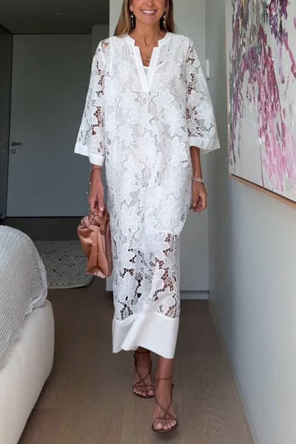 Confidence and Adventure Flower Lace V-neck Bell Sleeve Loose Midi Dress