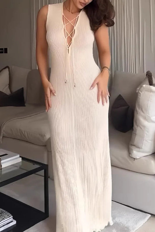 Lace Deep V Sleeveless Slim Vest Maxi Dress