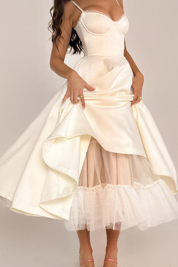 Lace Trim Sweetheart Corset Bodice Tulle Petticoat Fit and Flare Midi Dress