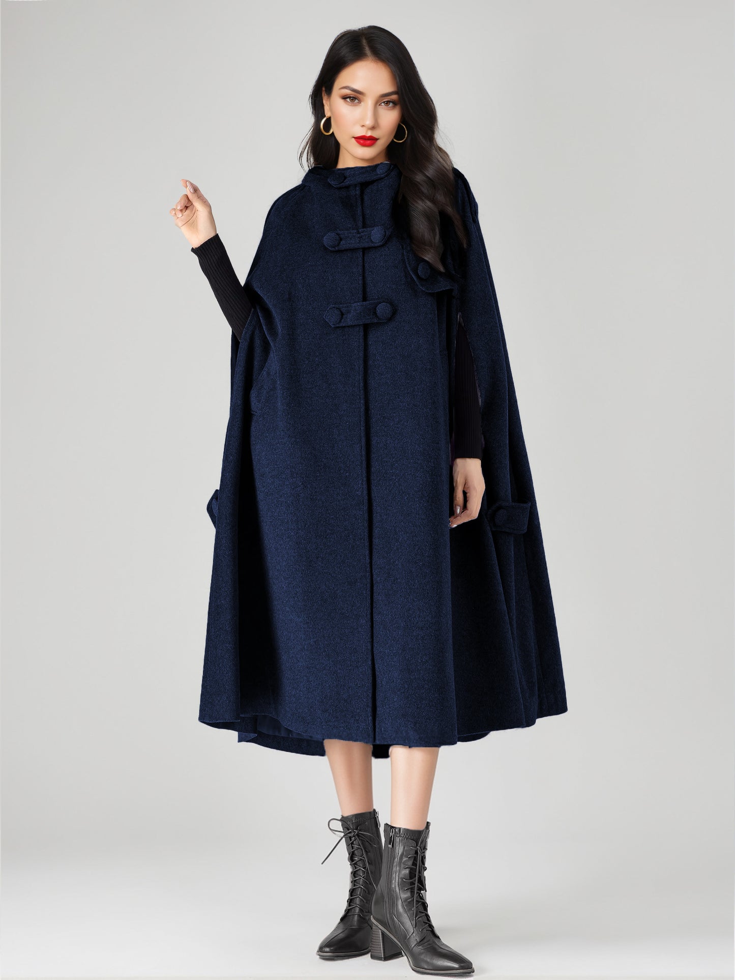 Wool Blend Cape Coat For Women Hooded Gray Oversized Long Poncho Outerwear 2026