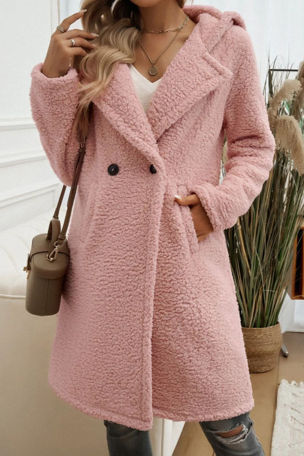 Mid-Length Fuzzy Lapel Coat