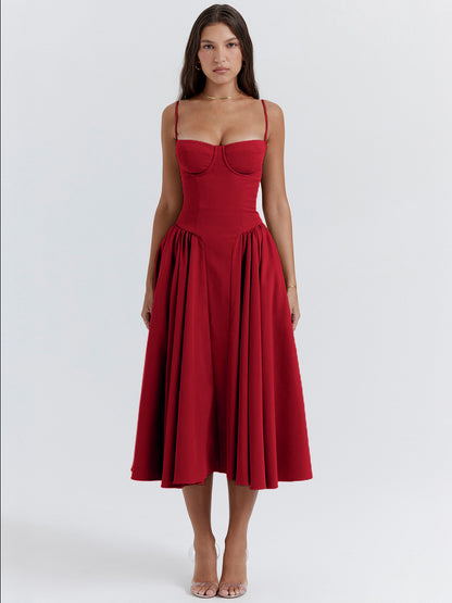 Soft Pink Corset Dress Spaghetti Strap Backless Pleated Cottagecore Midi Dress 2026