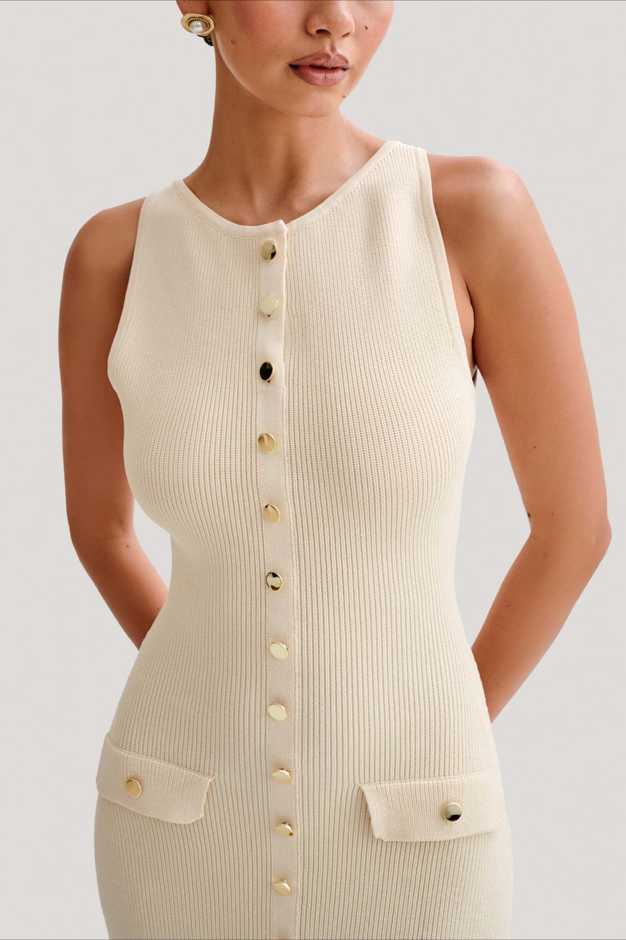 Buttoned Crewneck Sleeveless Knit Bodycon Maxi Sweater Dress