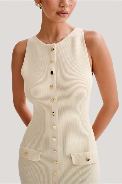 Buttoned Crewneck Sleeveless Knit Bodycon Maxi Sweater Dress