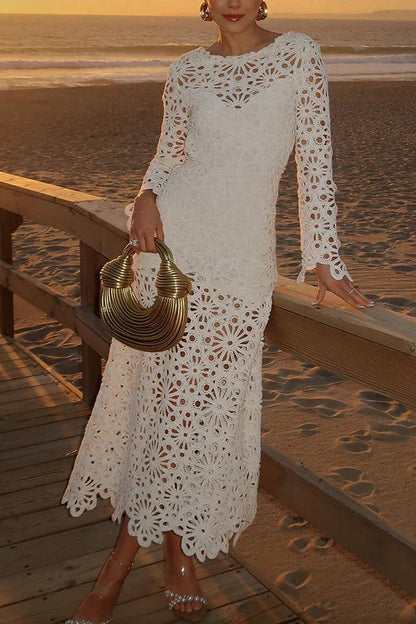 Forever Sunsets Crochet Back Lace-up Coverup Maxi Dress