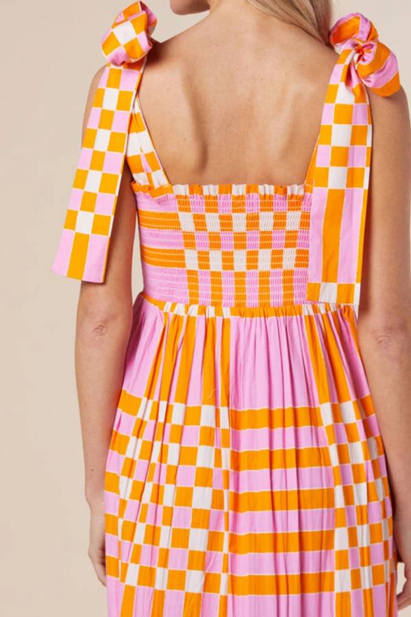 Pink Tie Strap Plaid & Striped Smocked Maxi Dress