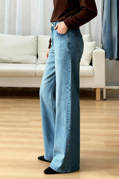 Stylish Casual Loose Pockets Straight-leg Wide-leg Jeans