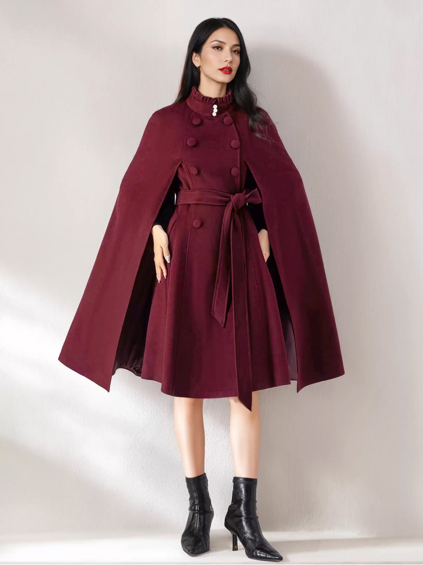 Wool Blend Cape Coat For Women Stand Collar Dark Navy Belted Oversized Poncho Outerwear 2026