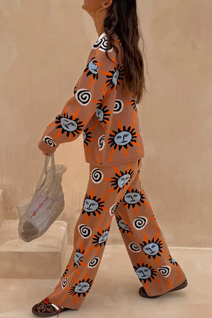 Mediterranean Art Knit Unique Sun Vortex Print Elastic Waist Wide Leg Pants
