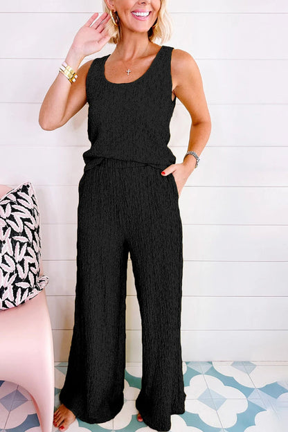 Yellow Crinkled U Neck Tank and Wide Leg Pants Set