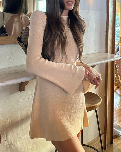 Bell Sleeve Open Back Colorblock Striped Knit Dress