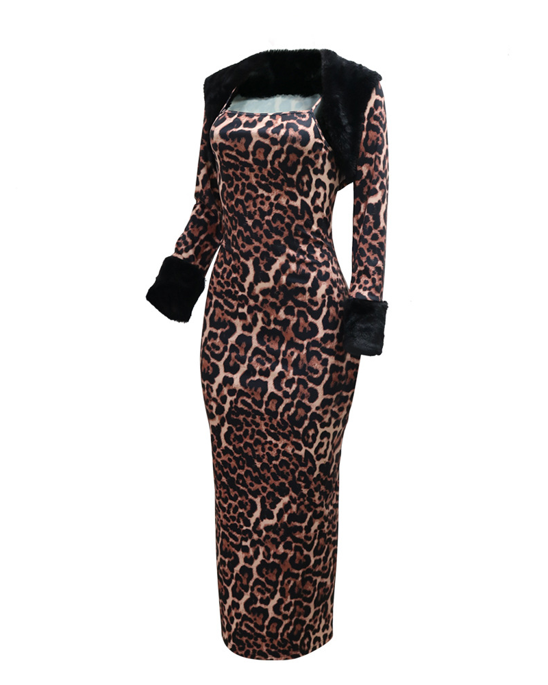Hairy Long-Sleeve Leopard Printed Suit