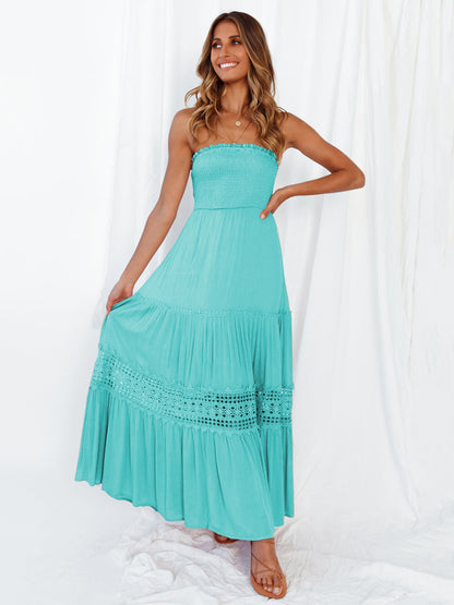 Strapless Smocked Maxi Dress for Women - Boho Crochet Lace Tiered Tube Dress - Summer Beach Resort 2026