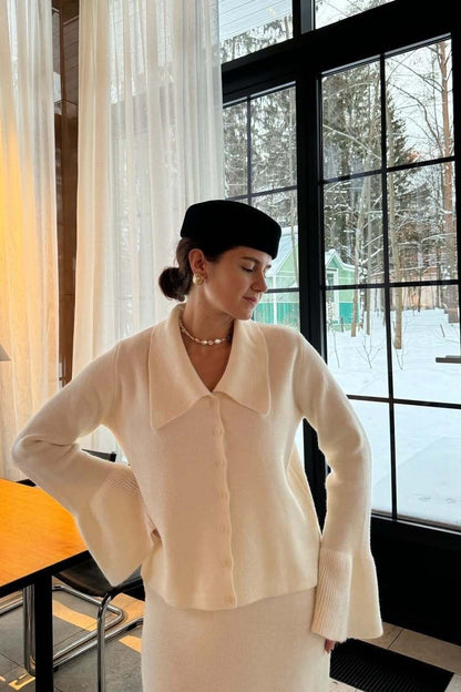 Bell-Sleeve Pink Polo Collar Cardigan Straight Skirt Two Piece Set