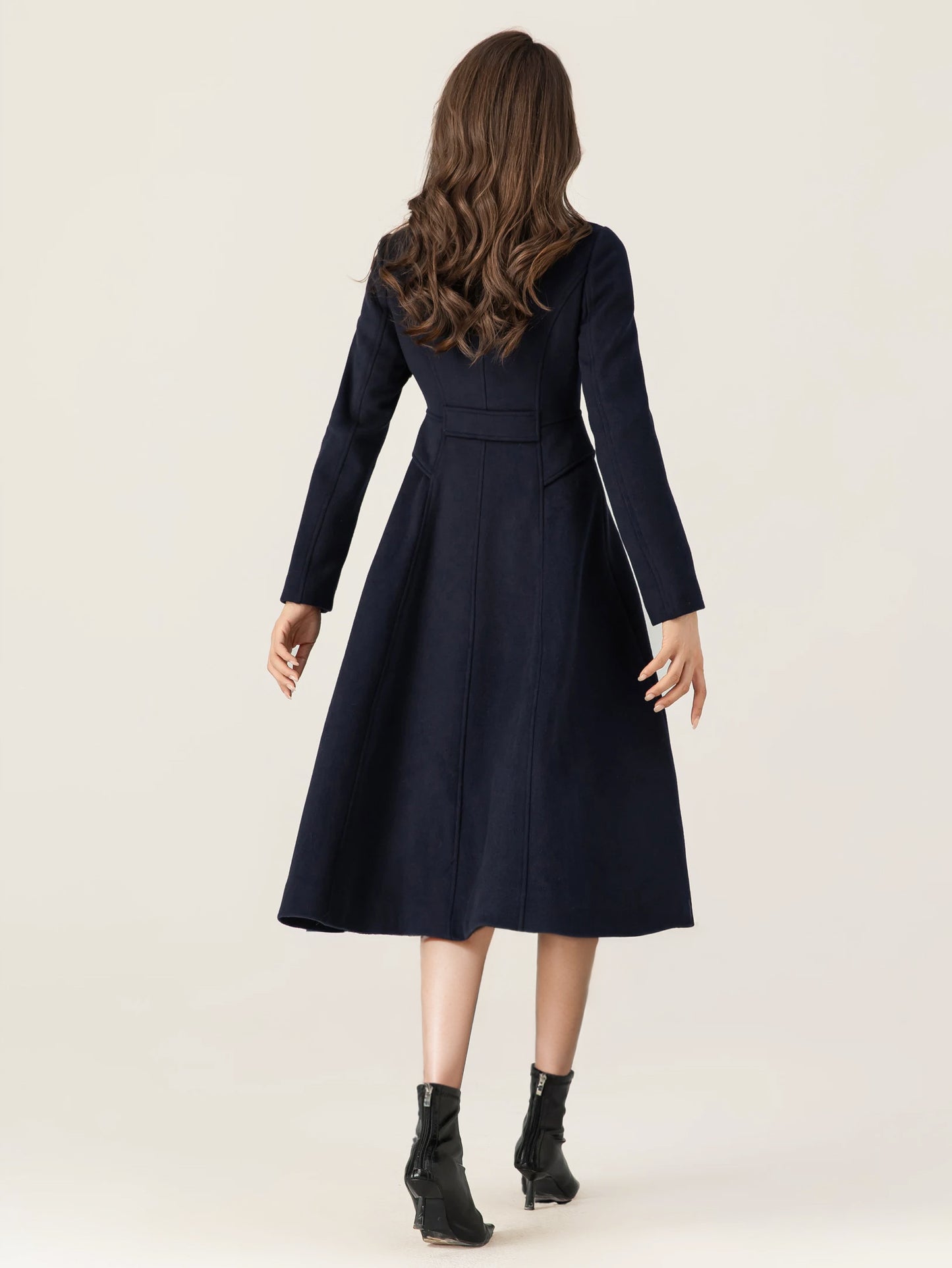 Woolen Flared Coat For Woman Stand Collar Dark Navy Vintage Double-breasted Winter Midi Outerwear 2026