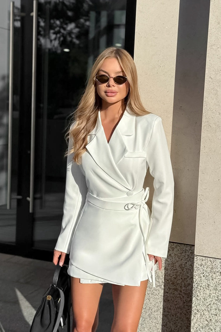 Notched Lapel Deep V-Neck Double Breasted Wrap Tie Waist Blazer Mini Dress