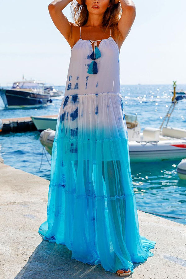 Island Evenings Gradient Print Tassel Halter Maxi Dress
