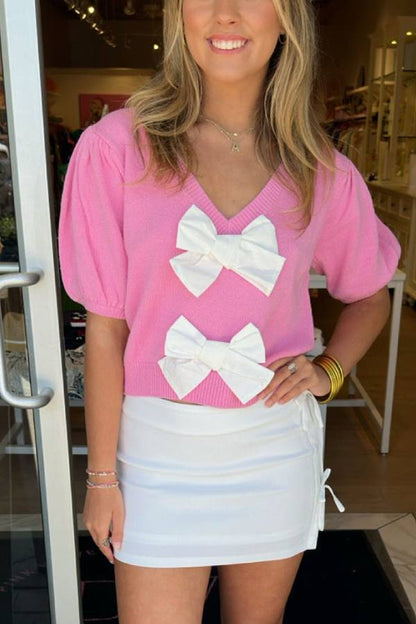 V-Neck Short-Sleeved Double Bow Solid Color Sweater