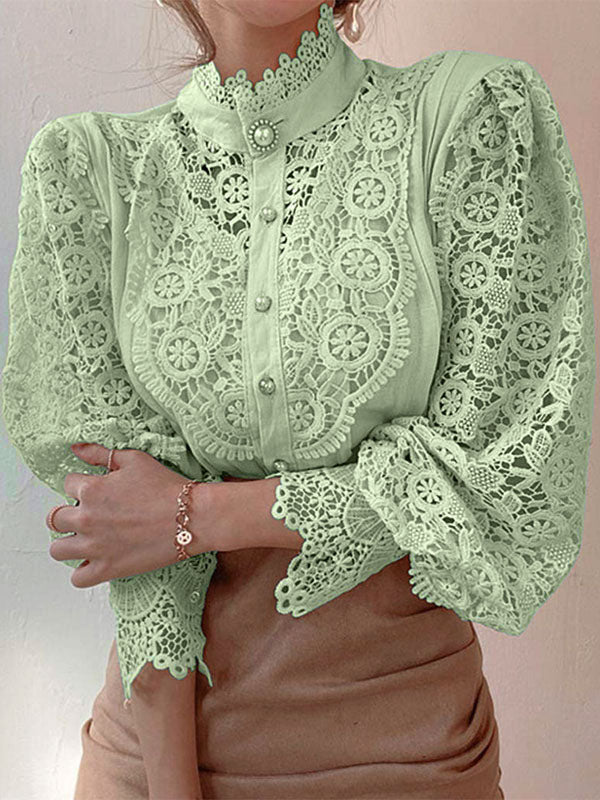 Blouse For Women Pink Lace Cut Out High Collar Casual Long Sleeves Lace Tops