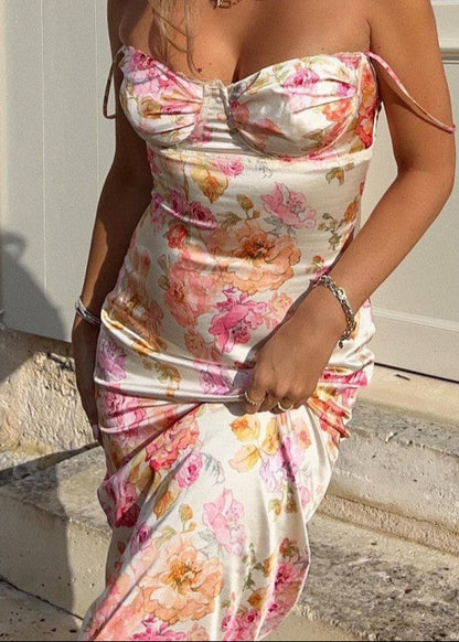 Sunlit Reverie – Floral Satin Bodycon Dress with Bustier Top