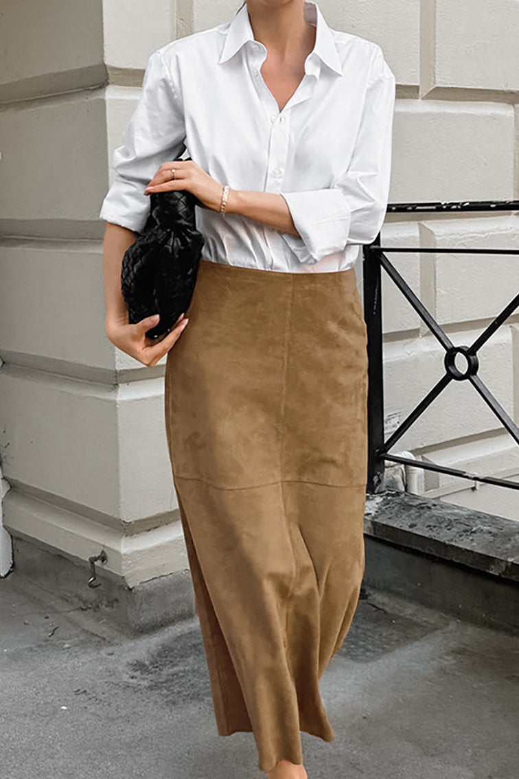 French Minimalist High-Waisted Solid Color Midi Skirt