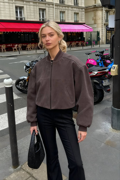 Retro Gray Suede Pilot Stand Collar Zip Jacket