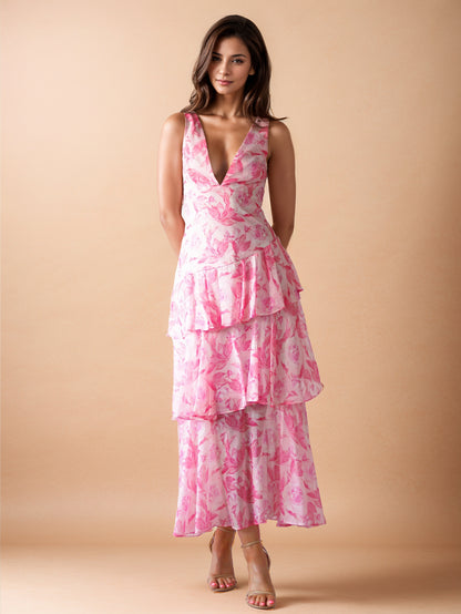 Floral Printed Layered Ruffle Long Dress With Deep V-Neck And Open Back 2026