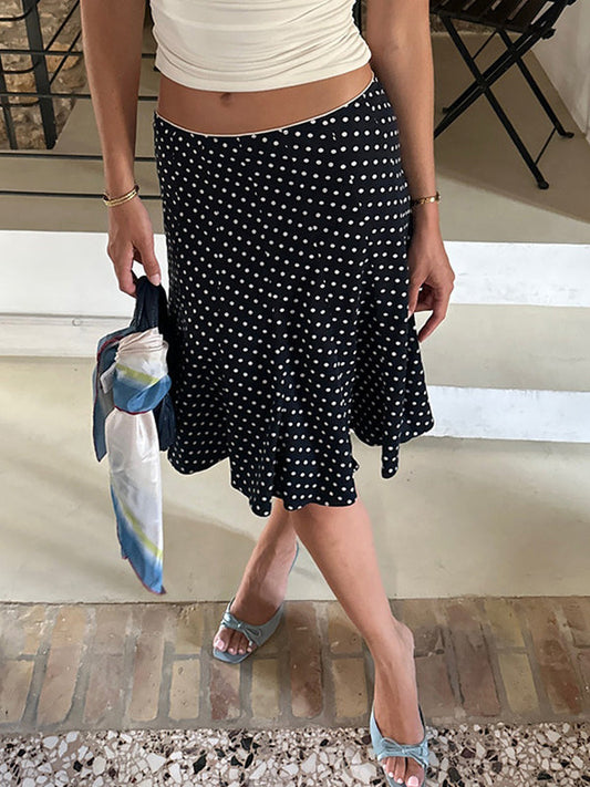 Black Vintage Polka Dot Ruffle Maxi Skirts