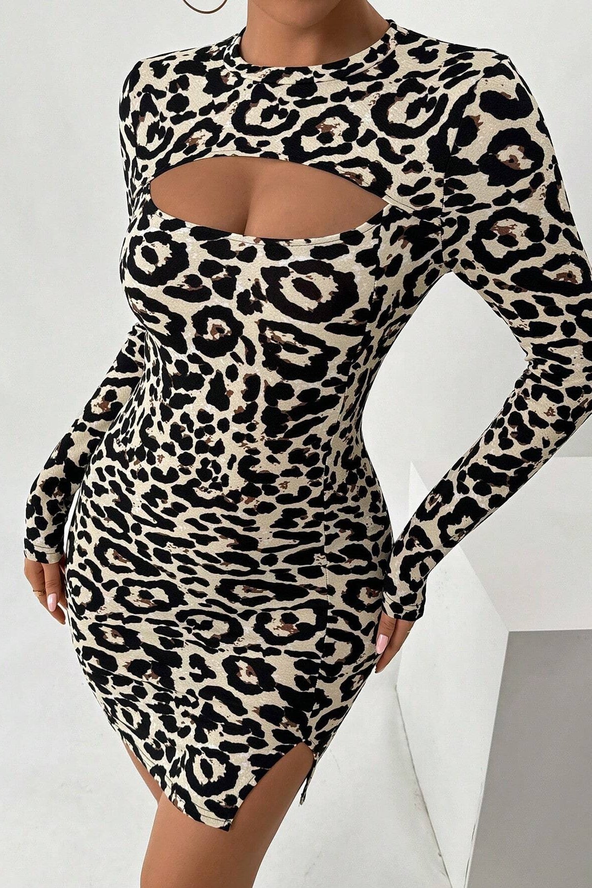Print Chest Cutout Long Sleeve Bodycon Mini Dress