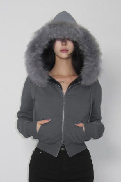 Fur Trim Hooded Zip Waist Jacket