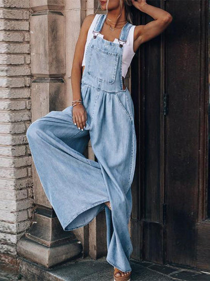 Deep Blue Sleeveless Buttons Convertible Denim Wide Summer Playsuit