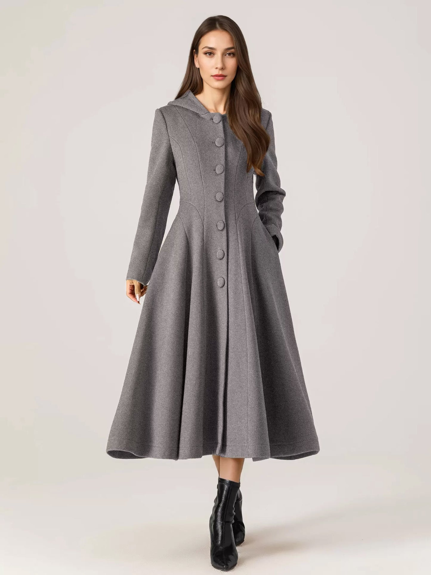 Woolen Flared Coat With Hood For Woman Red A-line Long Winter Outerwear 2026