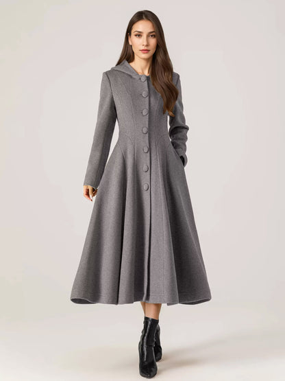 Woolen Flared Coat With Hood For Woman Red A-line Long Winter Outerwear 2026