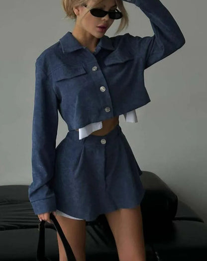 Blue Patchwork Crop Mini Skirt Office Two Piece Set
