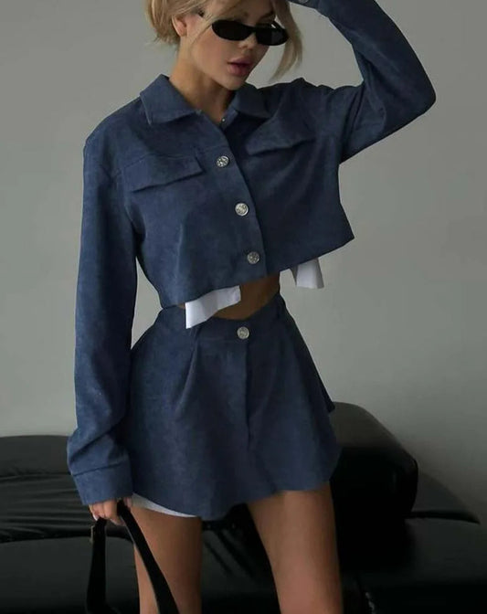 Blue Patchwork Crop Mini Skirt Office Two Piece Set