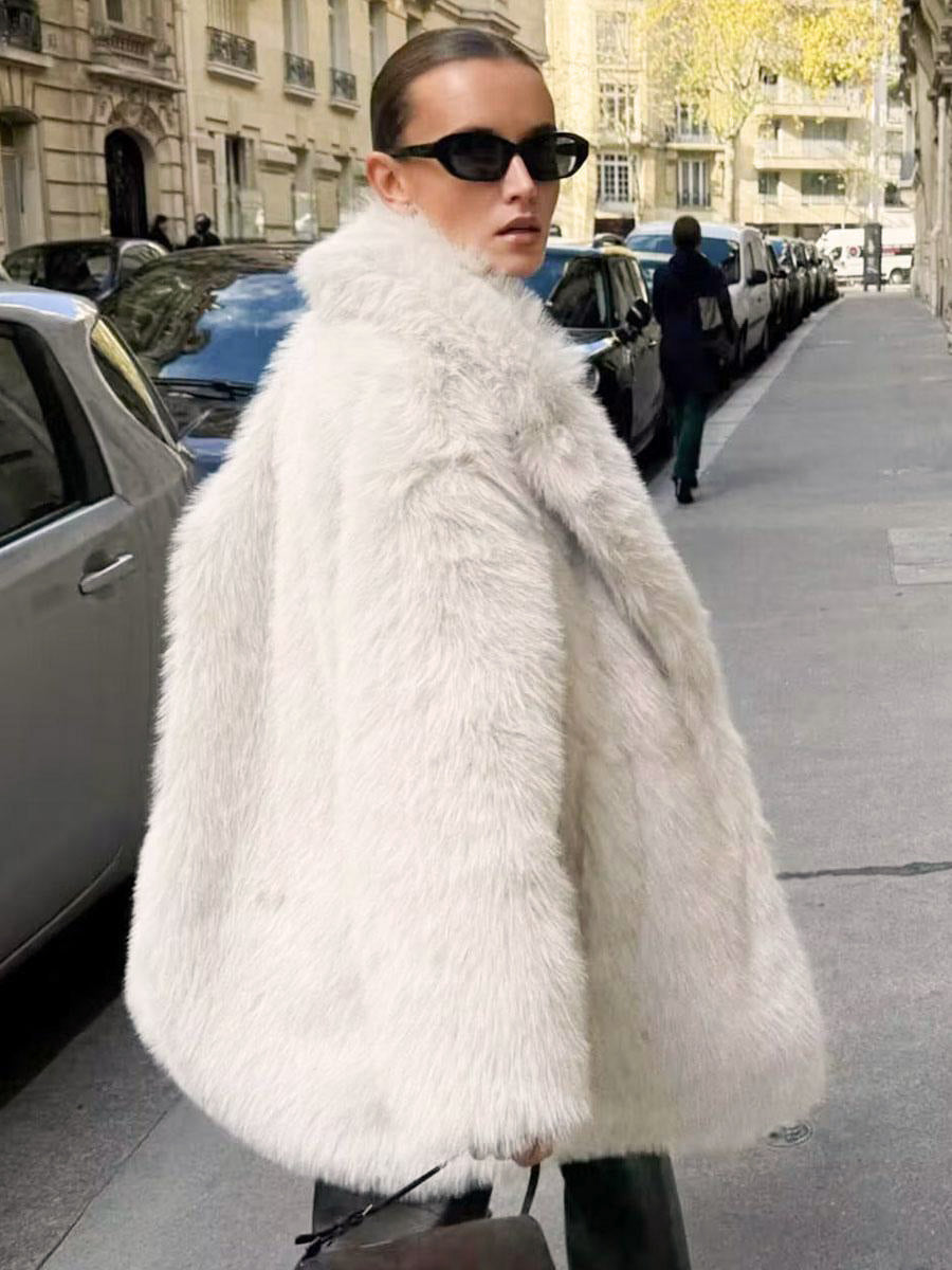 White Faux Fur Midi Coat Notched Lapel Winter Eco-friendly Long Jacket For Women 2026
