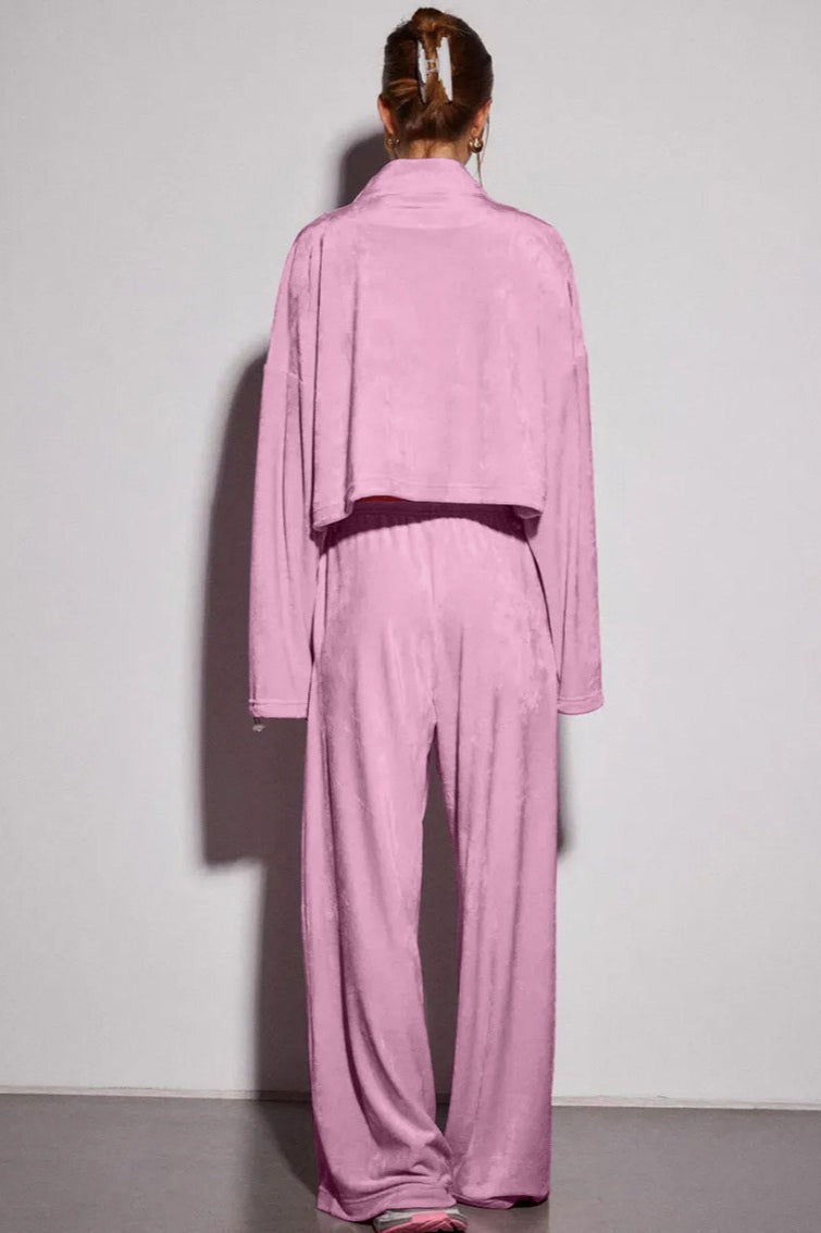 Vintage Drawstring Crop Top and Wide Leg Pants Two Piece Set