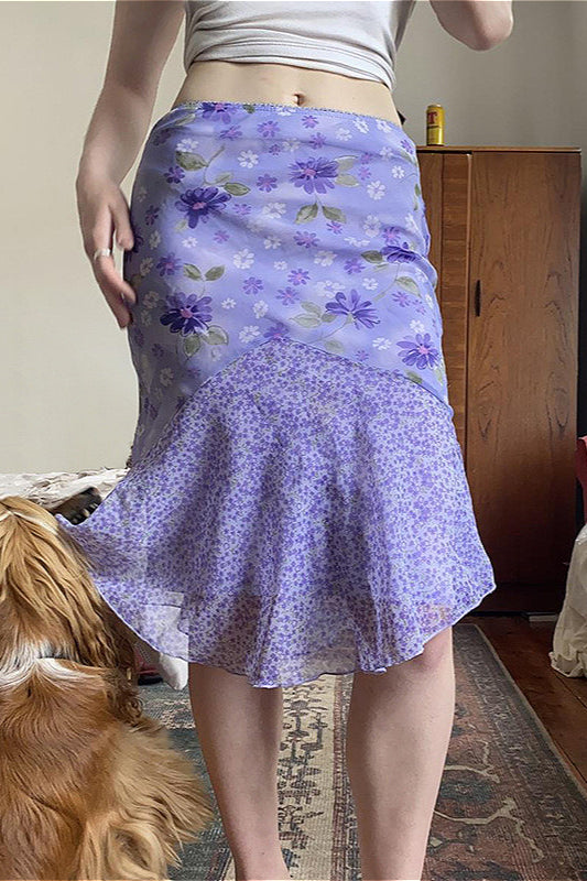 Floral Purple Patchwork Asymmetrical Tulle High Waist Skirt