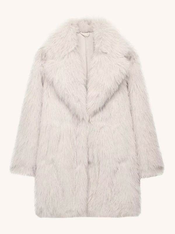 White Faux Fur Midi Coat Notched Lapel Winter Eco-friendly Long Jacket For Women 2026