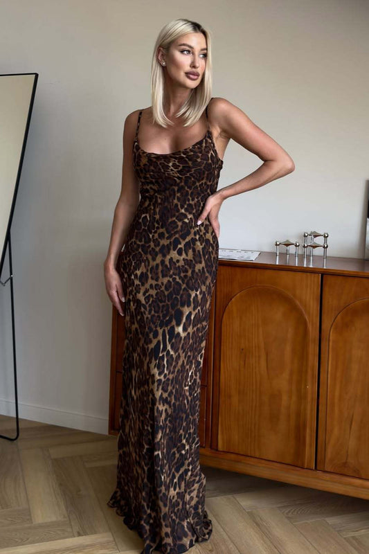 Leopard Print Low Cut Cami Maxi Dress