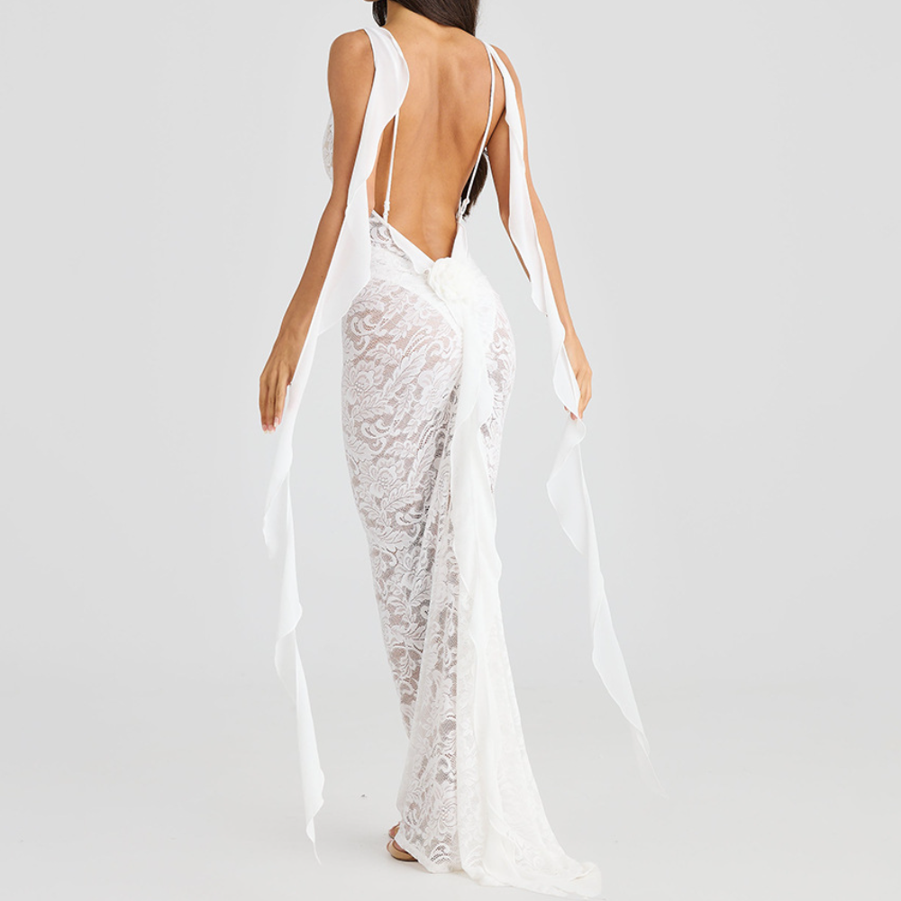 U neck flower applique lace backless cami maxi dress