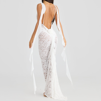 U neck flower applique lace backless cami maxi dress