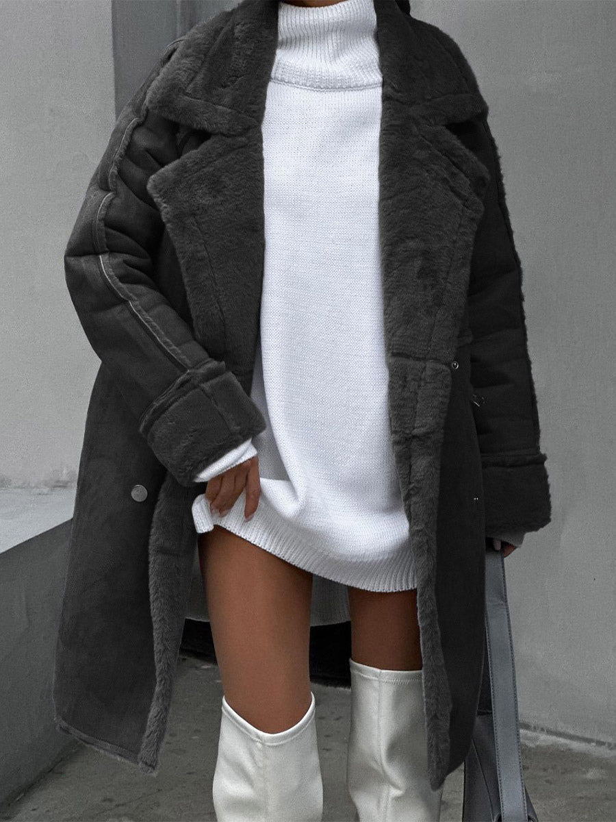 Winter Coat Lapel Plush Sleeves Solid Color Fall Winter Outerwear For Women