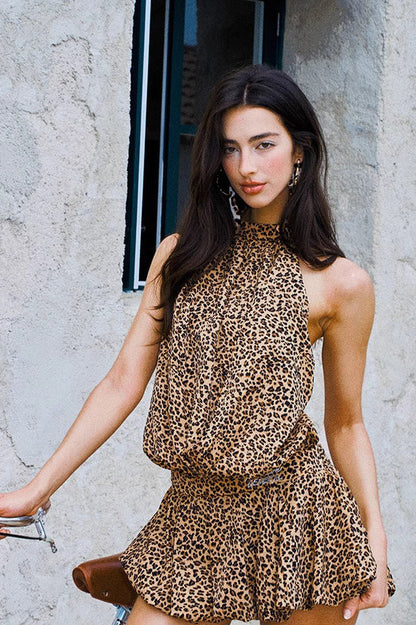Print Halter Neck Ruched Ruffle Hem Mini Dress