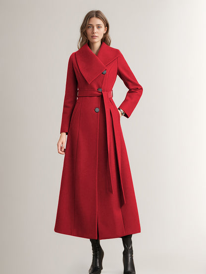 Long Coat For Woman Red Belted Wide Collar Warm Winter Outerwear 2026