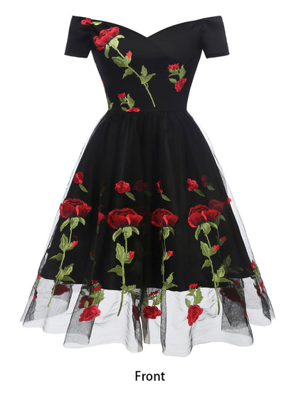 Rose Embroidered Vintage Midi Swing Dress for Women - 1950s Off Shoulder Style A-Line - Summer Tea Party 2026